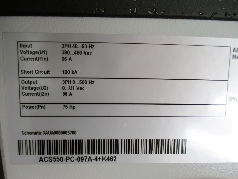 ABB 31H1V2B76 ACS550-PC-097A-4+K462 480VAC 96A NSMP