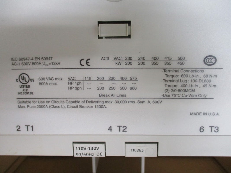 ALLEN BRADLEY 100-D630ED11 SER. B 110-130V 800A (BR/WH) NSMP