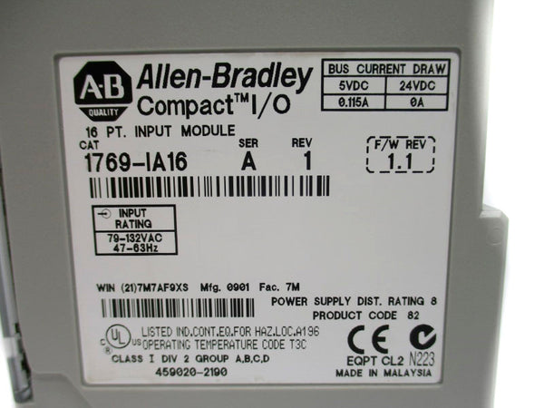ALLEN BRADLEY 1769-IA16 SER. A F/W 1.1 24VDC 0.115A NSNP