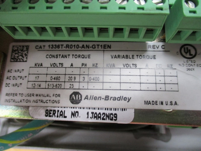 ALLEN BRADLEY 1336T-R010-AN-GT1EN SER. C F/W 5.01 513-620VDC 23A REMAN