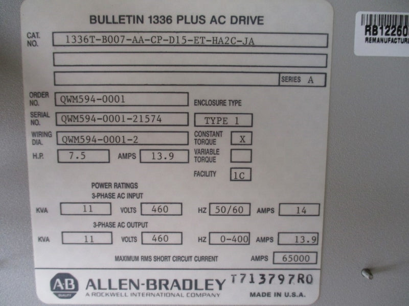 ALLEN BRADLEY 1336T-B007-AA-CP-D15-ET-HA2C-JA SER. A 460VAC 13.9A NSMP