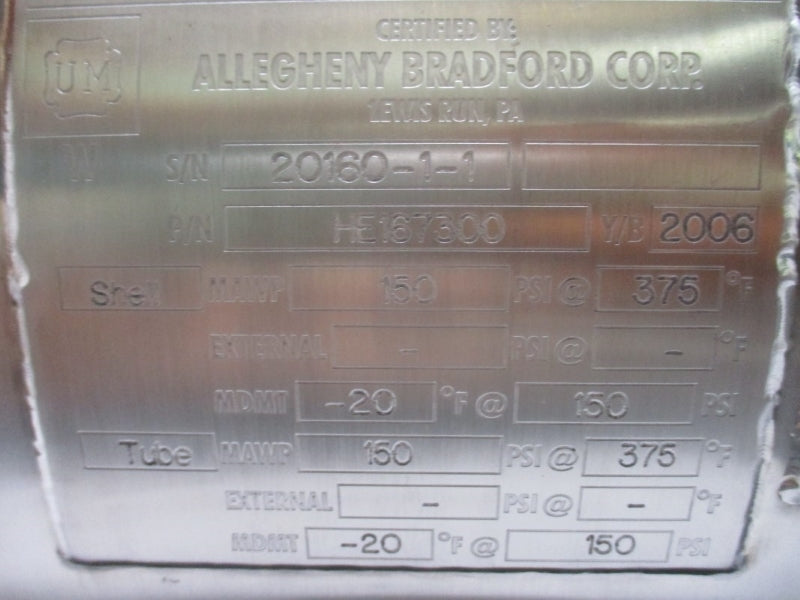 ALLEGHENY BRADFORD 357-HEX-184 HE167300 150PSI 375'F NSNP