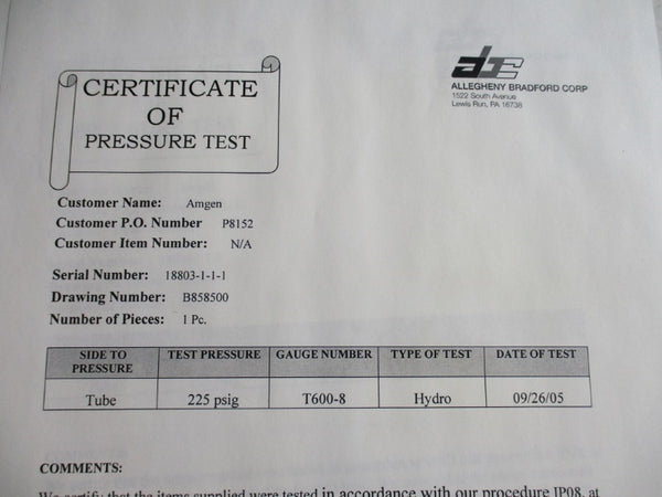 ALLEGHENY BRADFORD PART W B858500 150PSI 375'F NSNP