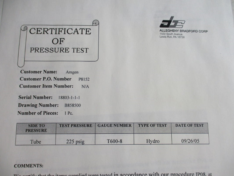 ALLEGHENY BRADFORD PART W B858500 150PSI 375'F NSNP