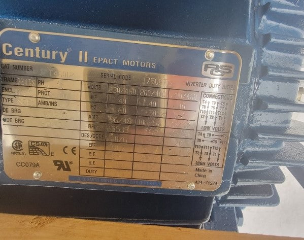 A.O.SMITH 40HP 342TS FRAME 3535 RPM T46012 200-230/460V 105.31-96.00/48.00A NSMP