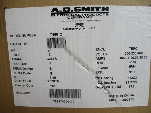 A.O.SMITH 40HP 342TS FRAME 3535 RPM T46012 200-230/460V 105.31-96.00/48.00A NSMP