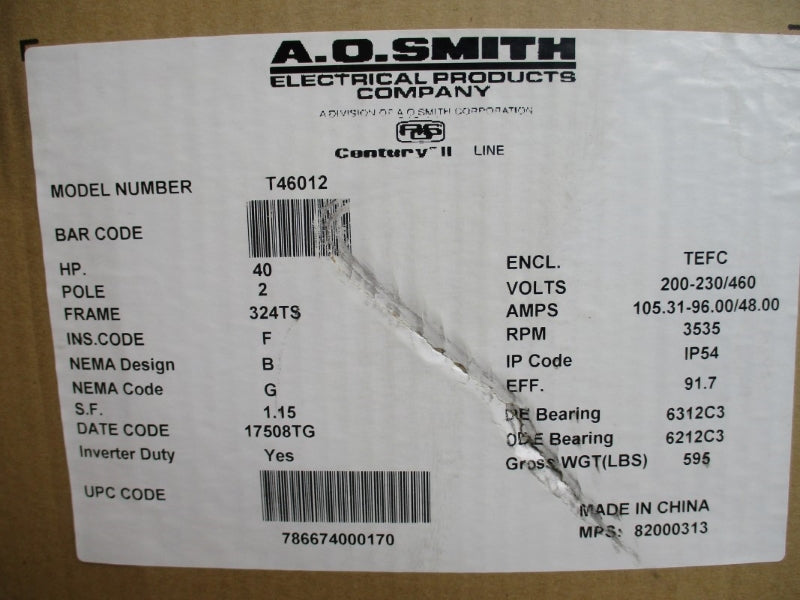 A.O.SMITH 40HP 342TS FRAME 3535 RPM T46012 200-230/460V 105.31-96.00/48.00A NSMP