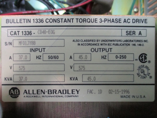 ALLEN BRADLEY 1336-C040-E0G SER. A 575V 37.0A NSMP