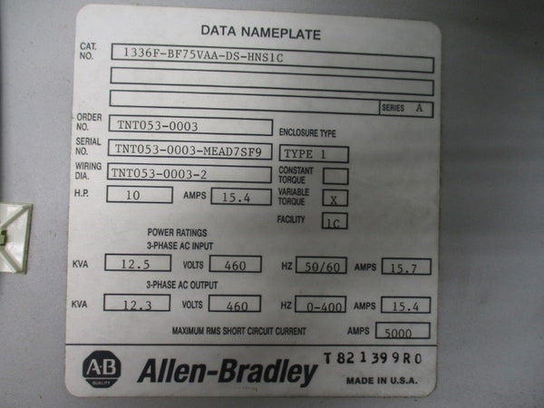 ALLEN BRADLEY 1336F-BF75VAA-DS-HNS1C SER. A 460V 15.7A NSNP