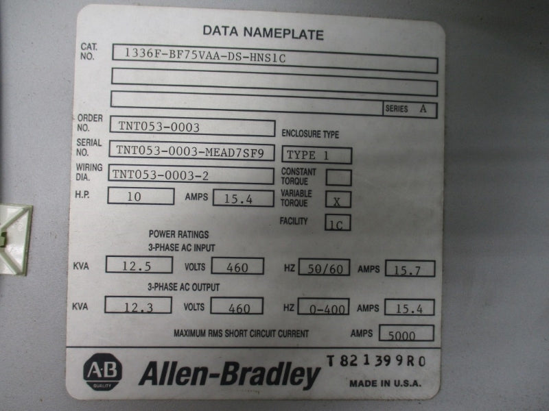 ALLEN BRADLEY 1336F-BF75VAA-DS-HNS1C SER. A 460V 15.7A NSNP