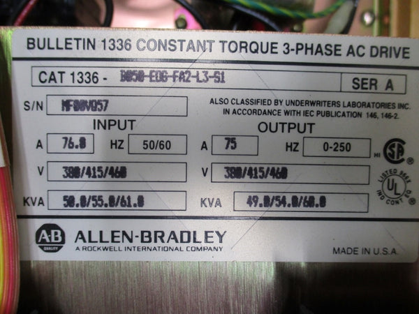 ALLEN BRADLEY 1336-B050-E0G-FA2-L3-S1 SER. A 380/415/460V 76.8A NSMP