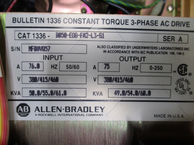 ALLEN BRADLEY 1336-B050-E0G-FA2-L3-S1 SER. A 380/415/460V 76.8A NSMP