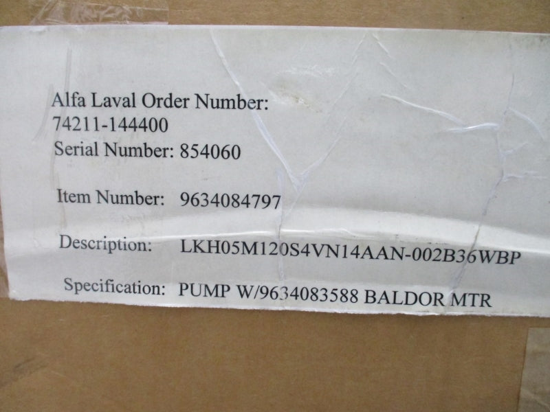ALFA LAVAL LKH05M120S4VN14AAN-002B36WBP 9634084797 W/ BALDOR CEWDM3555T 208-230/460V 5.3-5/2.5A NSMP