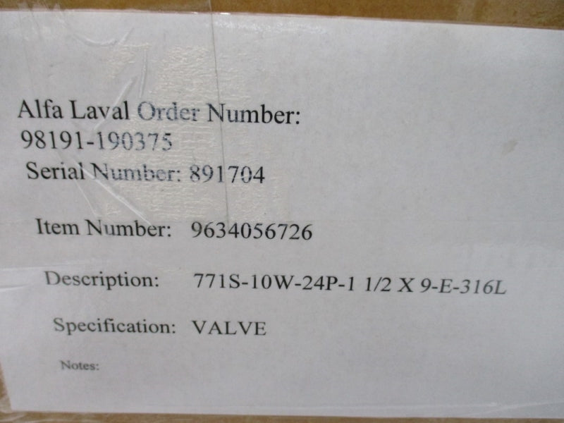 ALFA LAVAL 771S-10W-24P-1 1/2 X 9-E-316L NSMP