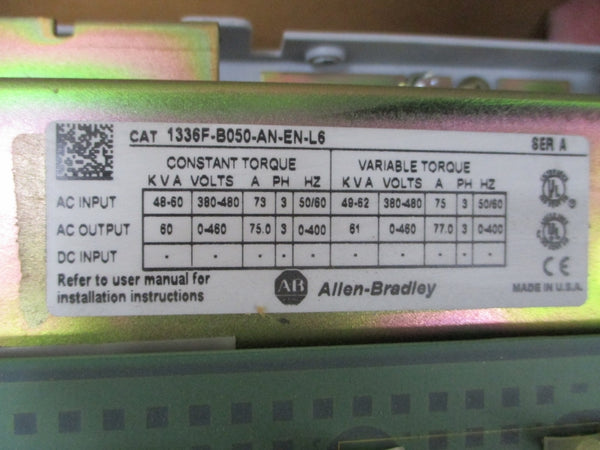 ALLEN BRADLEY 1336F-B050-AN-EN-L6 SER. A 380-480V 75.0A REMAN