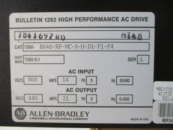 ALLEN BRADLEY 1392-B040-RF-MC-A-H-D1-F1-F4 SER. A 440/460VAC 14/21A NSMP
