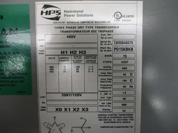 HAMMOND POWER SOLUTIONS P015KBKB 480V NSNP