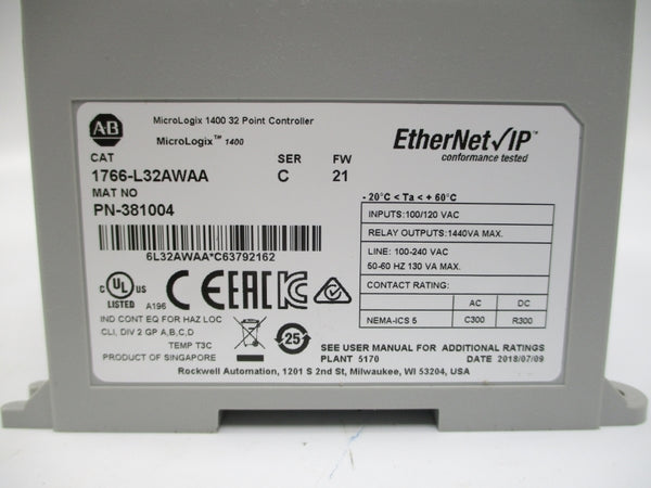 ALLEN BRADLEY 1766-L32AWAA SER. C F/W 21 100/120VAC NSMP