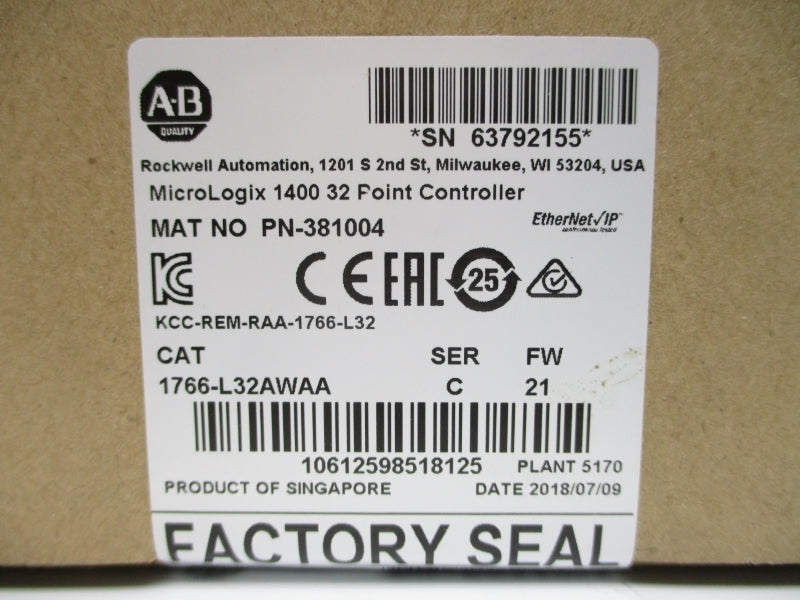 ALLEN BRADLEY 1766-L32AWAA SER. C F/W 21 DATE: 2018 NSFS