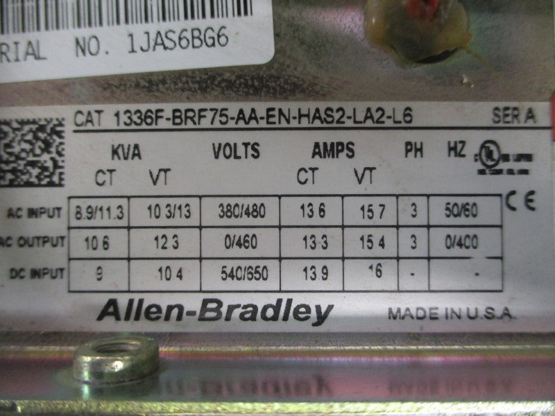 ALLEN BRADLEY 1336F-BRF75-AA-EN-HAS2-LA2-L6 SER. A 380/480VAC 15.7A UNMP