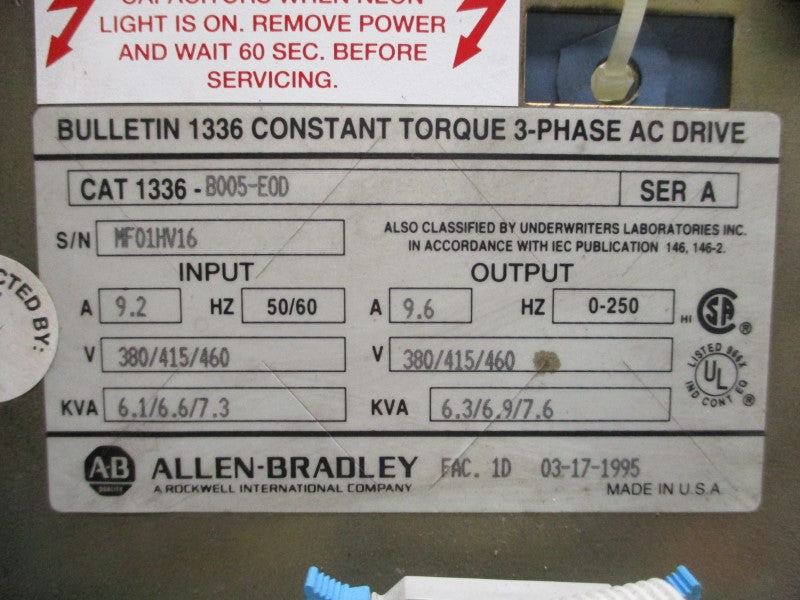 ALLEN BRADLEY 1336-B005-E0D SER. A 380/415/480V 9.2/9.6A UNMP