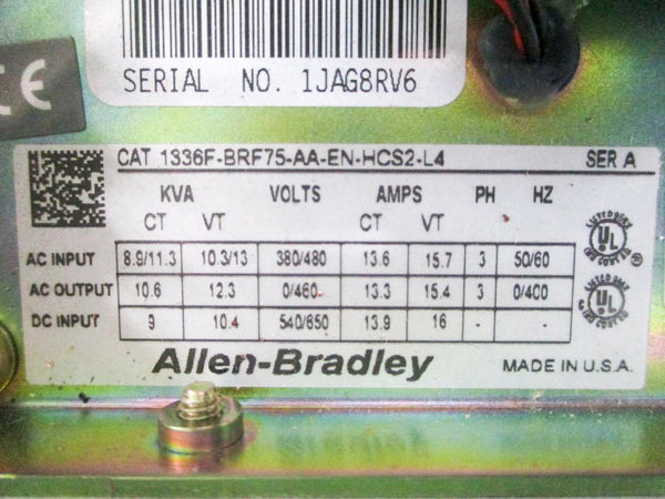 ALLEN BRADLEY 1336F-BRF75-AA-EN-HCS2-L4 SER. A 380/480VAC 13.6/15.7A NSNP