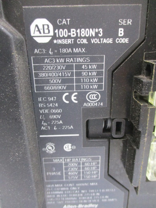 ALLEN BRADLEY 100-B180ND3 SER. B 110/120V 180A UNMP