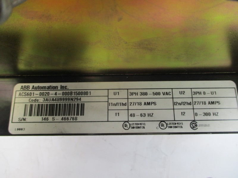 ABB AUTOMATION ACS601-0020-4-000B1500801 380-500VAC 27/18A UNMP
