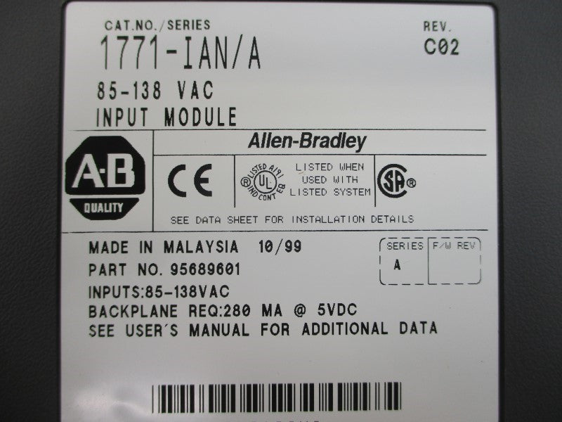 ALLEN BRADLEY 1771-IAN SER. A 85-138VAC UNMP