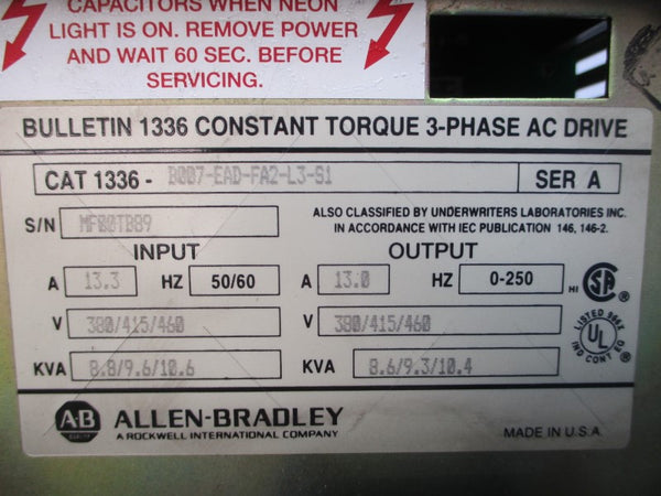 ALLEN BRADLEY 1336-B007-EAD-FA2-L3-S1 SER. A 380/415/460VAC 13.3A UNMP
