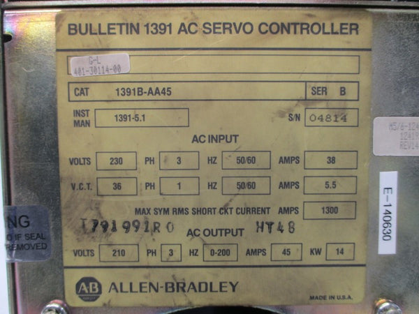 ALLEN BRADLEY 1391B-AA45 SER. B 230VAC 38A UNMP