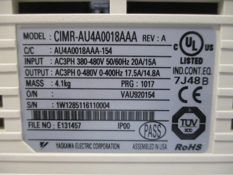 YASKAWA ELECTRIC CIMR-AU4A0018AAA 380-480VAC 20/15A UNMP