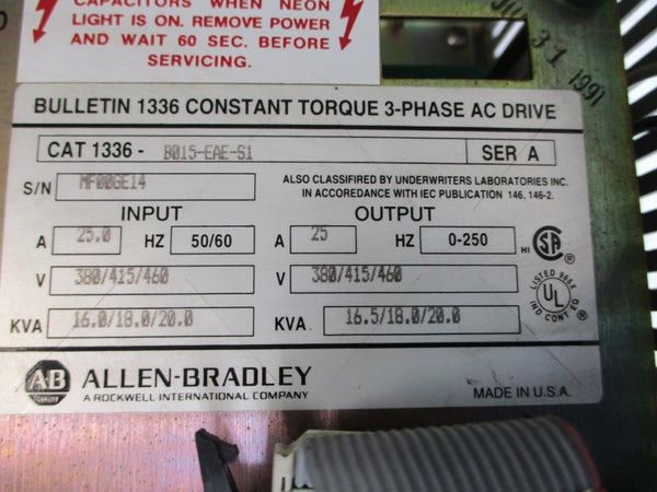 ALLEN BRADLEY 1336-B015-EAE-S1 SER. A 460VAC 25.0A UNMP