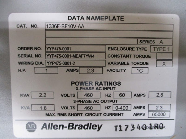 ALLEN BRADLEY 1336F-BF10V-AA SER. A 460VAC 2.8A NSNP
