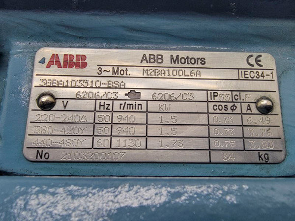 ABB MOTORS M2BA100L6A 3GBA103510-BSA 440-480V 6.49A NSNP