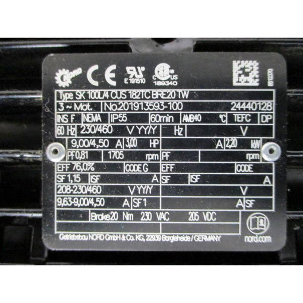NORD DRIVE SYSTEMS SK2282AGSHN180TC-100L/4 SK100L/4CUS182TCBRE20TW 230/460V 9.00/4.50A NSNP