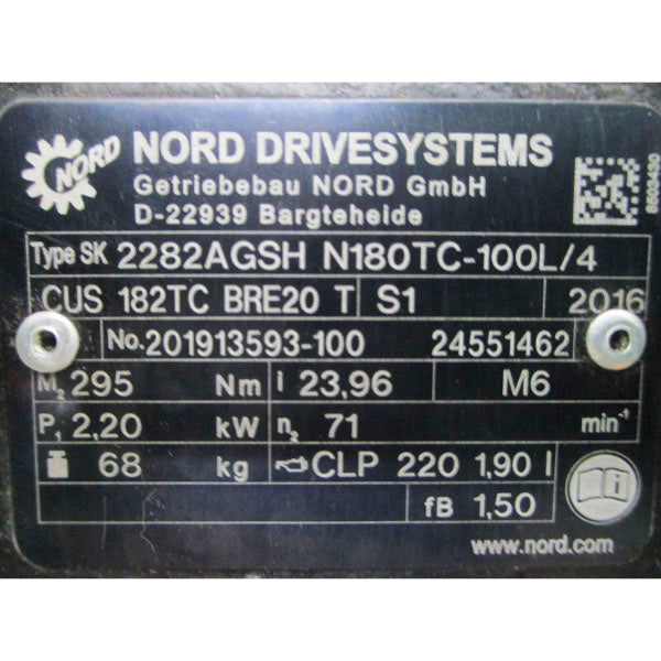 NORD DRIVE SYSTEMS SK2282AGSHN180TC-100L/4 SK100L/4CUS182TCBRE20TW 230/460V 9.00/4.50A NSNP