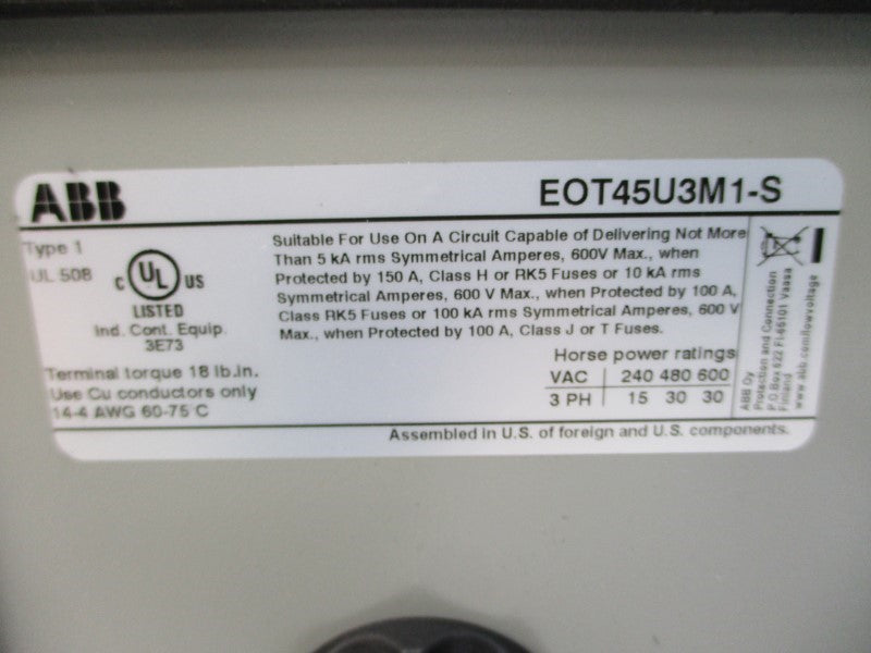 ABB EOT45U3M1-S 1SCA022823R8330 600VAC 60A NSMP