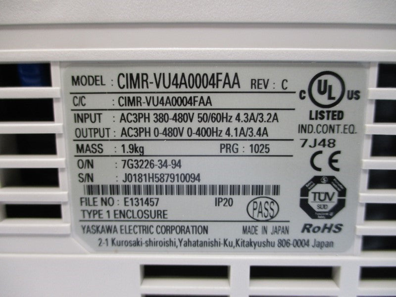 YASKAWA CIMR-VU4A0004FAA 380-480VAC 4.3/3.2A REV. C NSMP