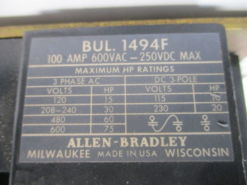 ALLEN BRADLEY 1494F-NF100 SER. A 600V 100A (AS PICTURED) UNMP