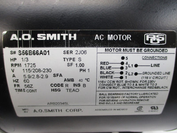 A.O. SMITH ARB2034SL 115/208-230VAC 5.9/2.8-2.9A NSMP