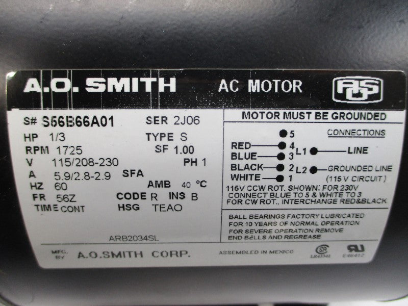 A.O. SMITH ARB2034SL 115/208-230VAC 5.9/2.8-2.9A NSMP