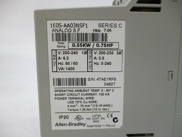 ALLEN BRADLEY 160S-AA03NSF1 SER. C F/W 7.06 200-240V 6.2A NSMP