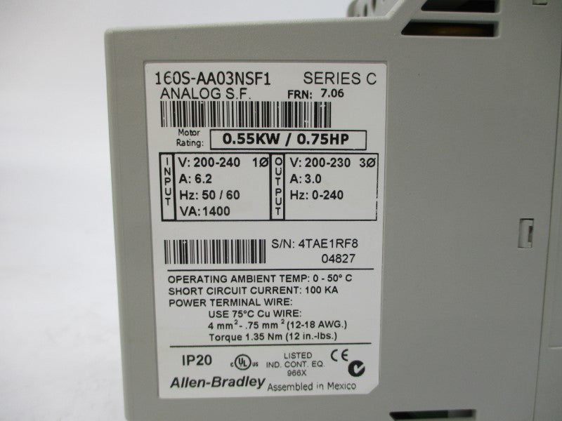 ALLEN BRADLEY 160S-AA03NSF1 SER. C F/W 7.06 200-240V 6.2A NSMP