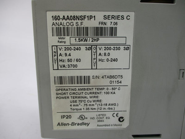 ALLEN BRADLEY 160-AA08NSF1P1 SER. C F/W 7.06 200-240V 9.4A NSMP