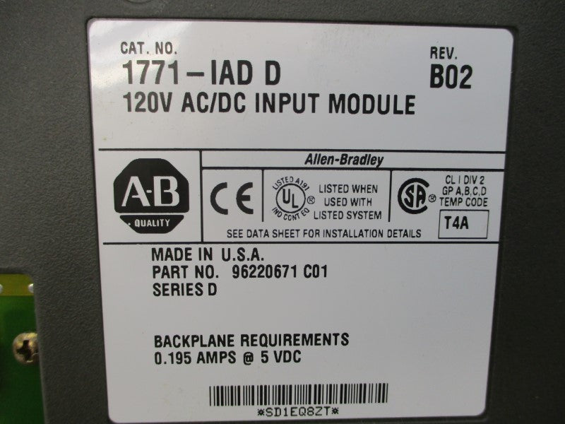 ALLEN BRADLEY 1771-IAD SER. D 120VAC/DC 0.195A NSMP