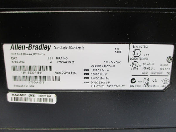 ALLEN BRADLEY 1756-A13 SER. B F/W 1.012 24VDC 4A NSMP