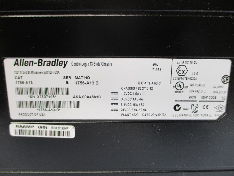 ALLEN BRADLEY 1756-A13 SER. B F/W 1.012 24VDC 4A NSMP