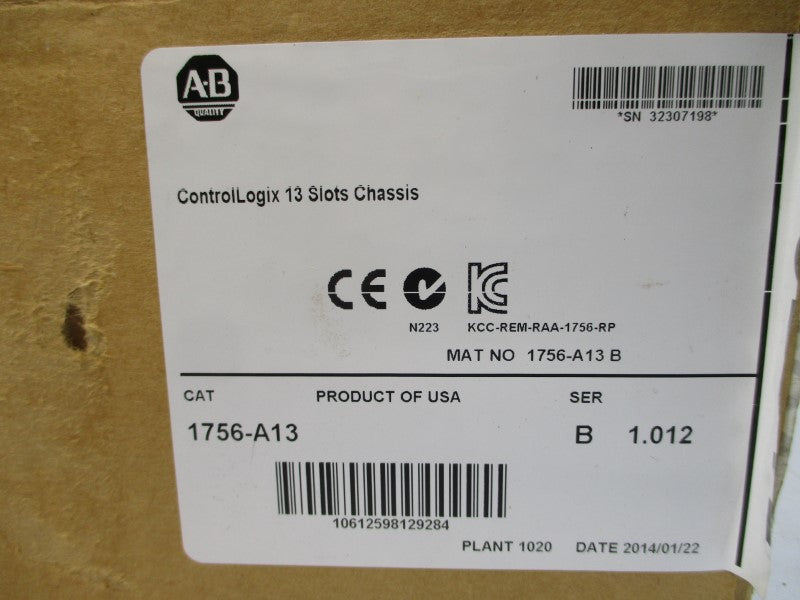 ALLEN BRADLEY 1756-A13 SER. B F/W 1.012 24VDC 4A NSMP