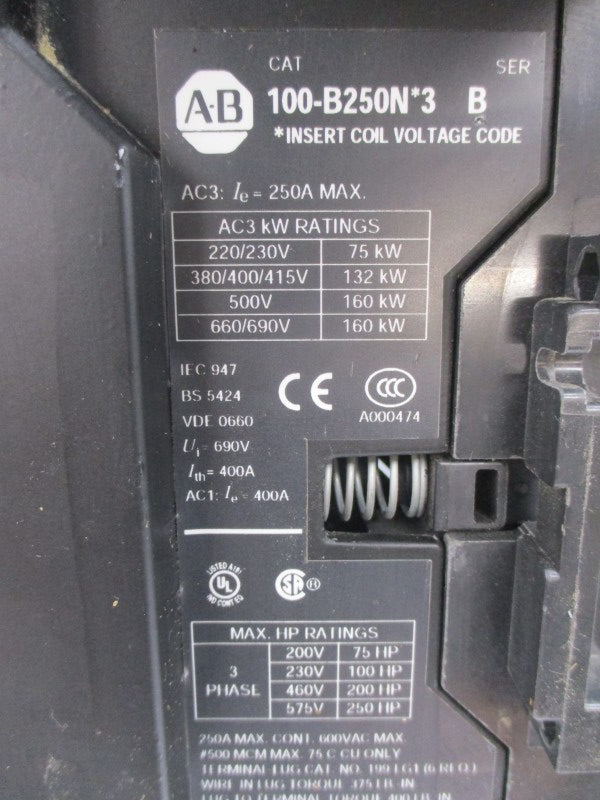 ALLEN BRADLEY 100-B250ND3 SER. B 110/120V 400A UNMP